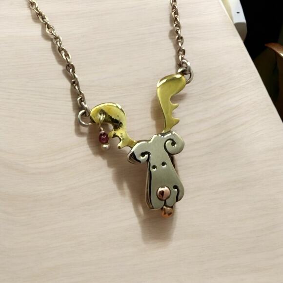Far Fetched Doggie Reindeer Necklace Mixed Metals Holiday Christmas 18in Chain - Picture 2 of 7